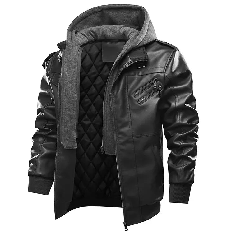 Men's Detachable Hooded Collar Velvet Thickened Leather Jacket