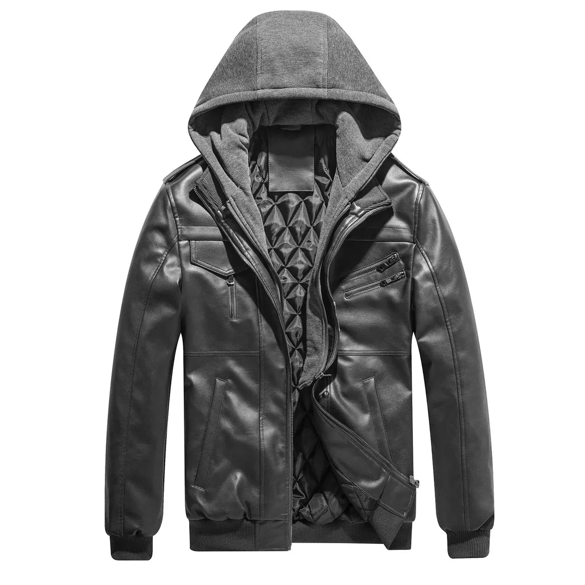 Men's Detachable Hooded Collar Velvet Thickened Leather Jacket