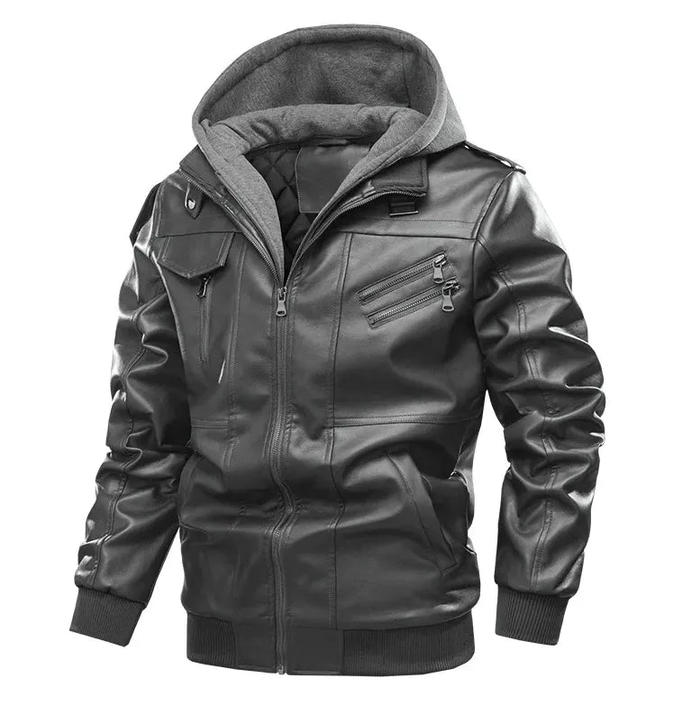 Men's Detachable Hooded Collar Velvet Thickened Leather Jacket
