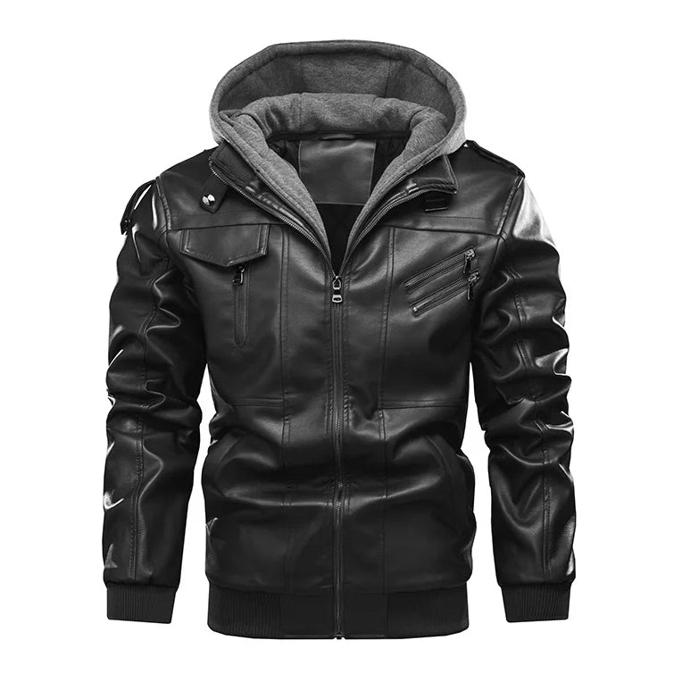 Men's Detachable Hooded Collar Velvet Thickened Leather Jacket