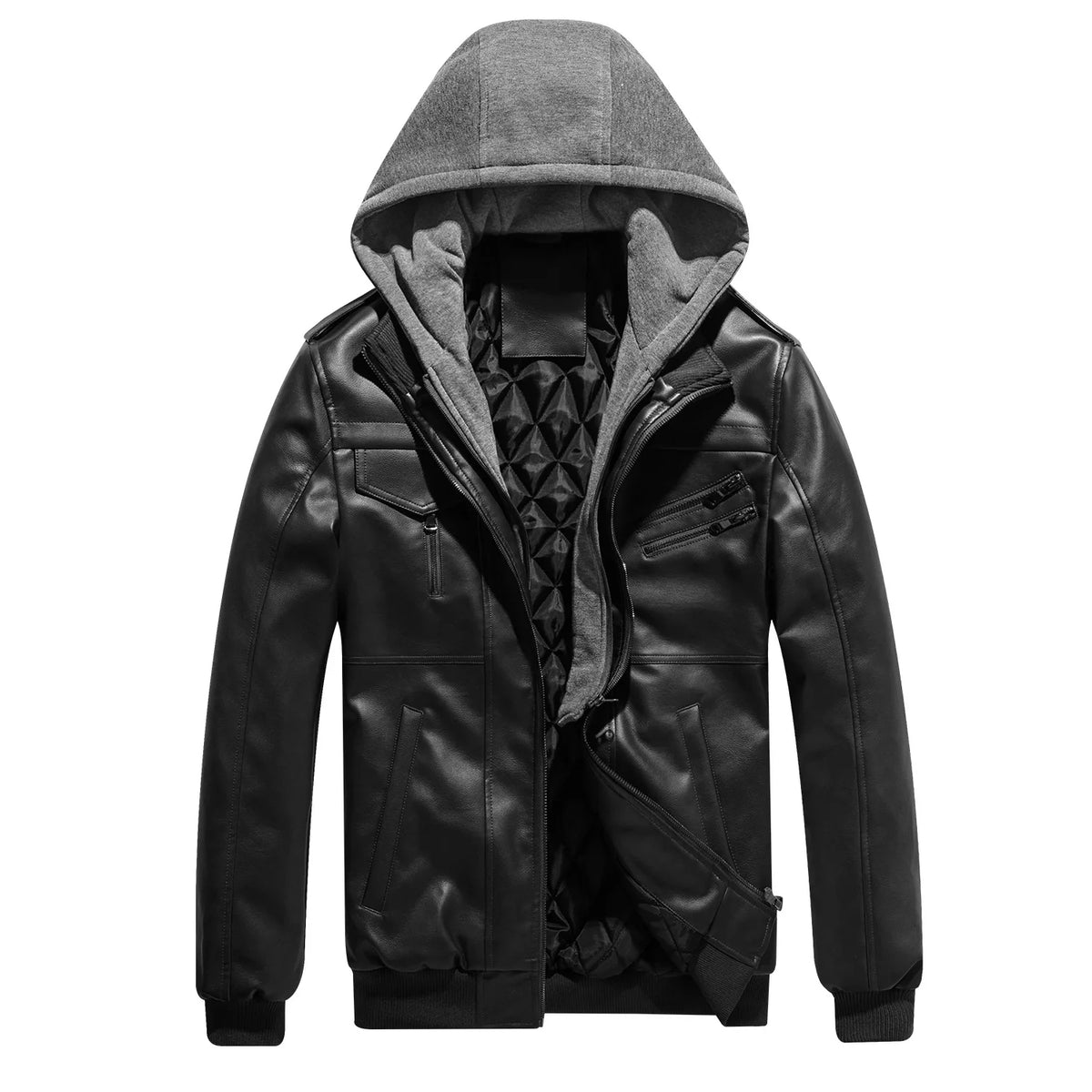 Men's Detachable Hooded Collar Velvet Thickened Leather Jacket