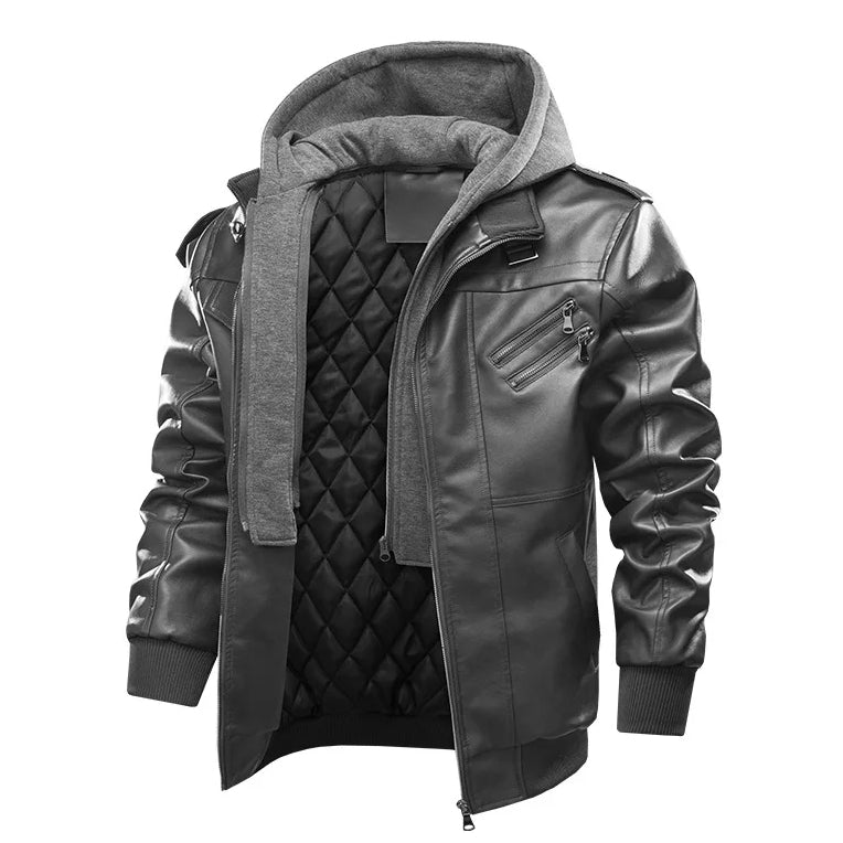 Men's Detachable Hooded Collar Velvet Thickened Leather Jacket