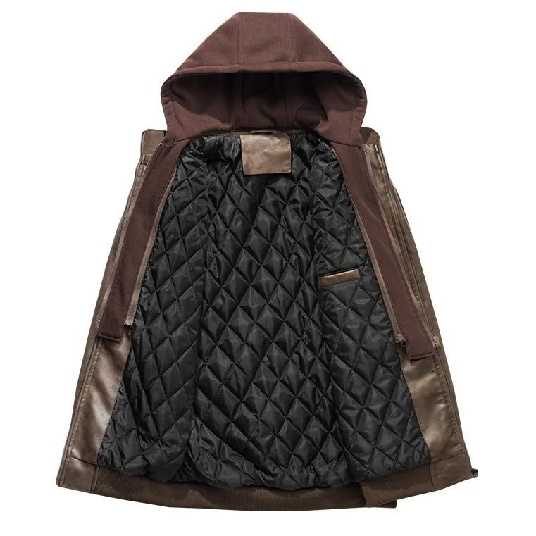 Men's Detachable Hooded Collar Velvet Thickened Leather Jacket