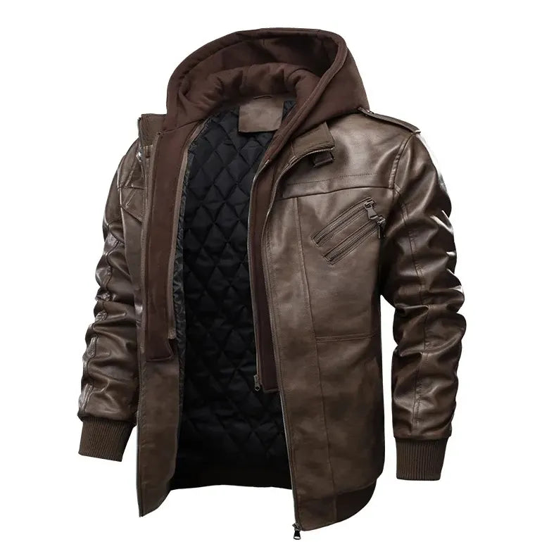 Men's Detachable Hooded Collar Velvet Thickened Leather Jacket
