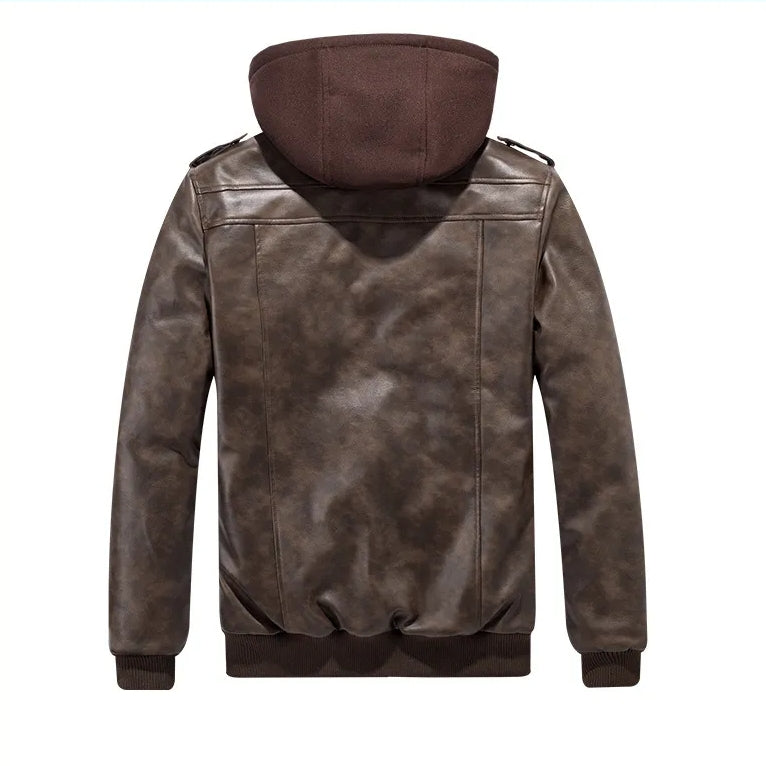 Men's Detachable Hooded Collar Velvet Thickened Leather Jacket