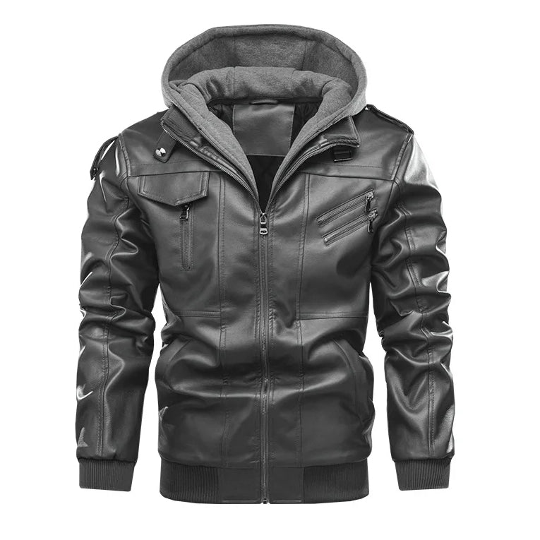 Men's Detachable Hooded Collar Velvet Thickened Leather Jacket