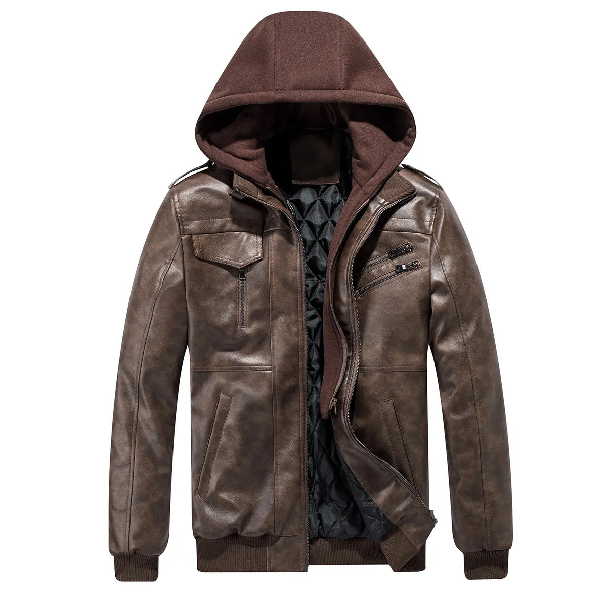 Men's Detachable Hooded Collar Velvet Thickened Leather Jacket